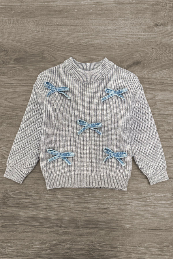 Gray Bow Knit Sweater & Denim Pant Set