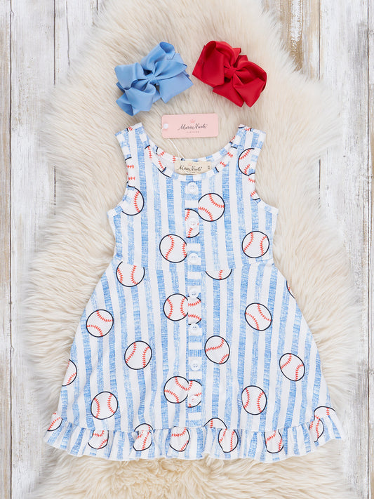Blue Striped Baseball Ruffle Dress