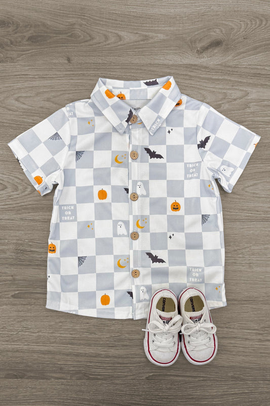 Trick Or Treat Checkered Button Down Top