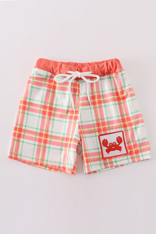 Abby & Evie
Orange plaid crab embroidery boy swim trunks