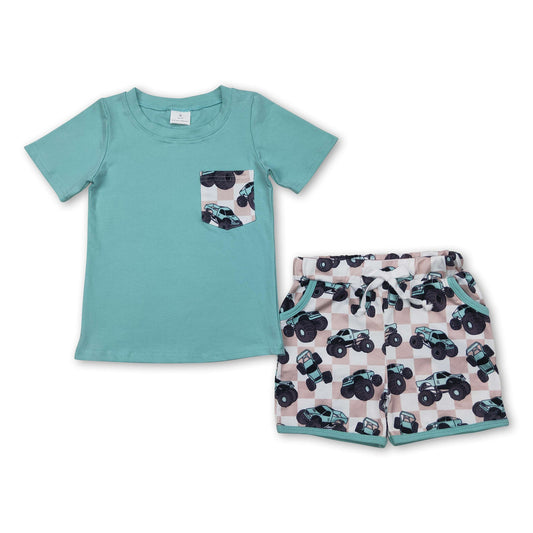 Short sleeves pocket top plaid trucks shorts boys clothes