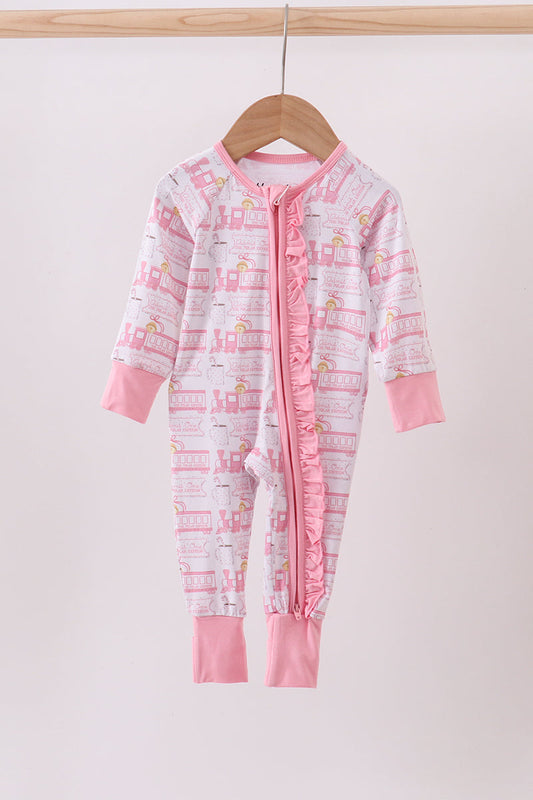 Abby & Evie
Pink train bamboo pajamas zipper romper