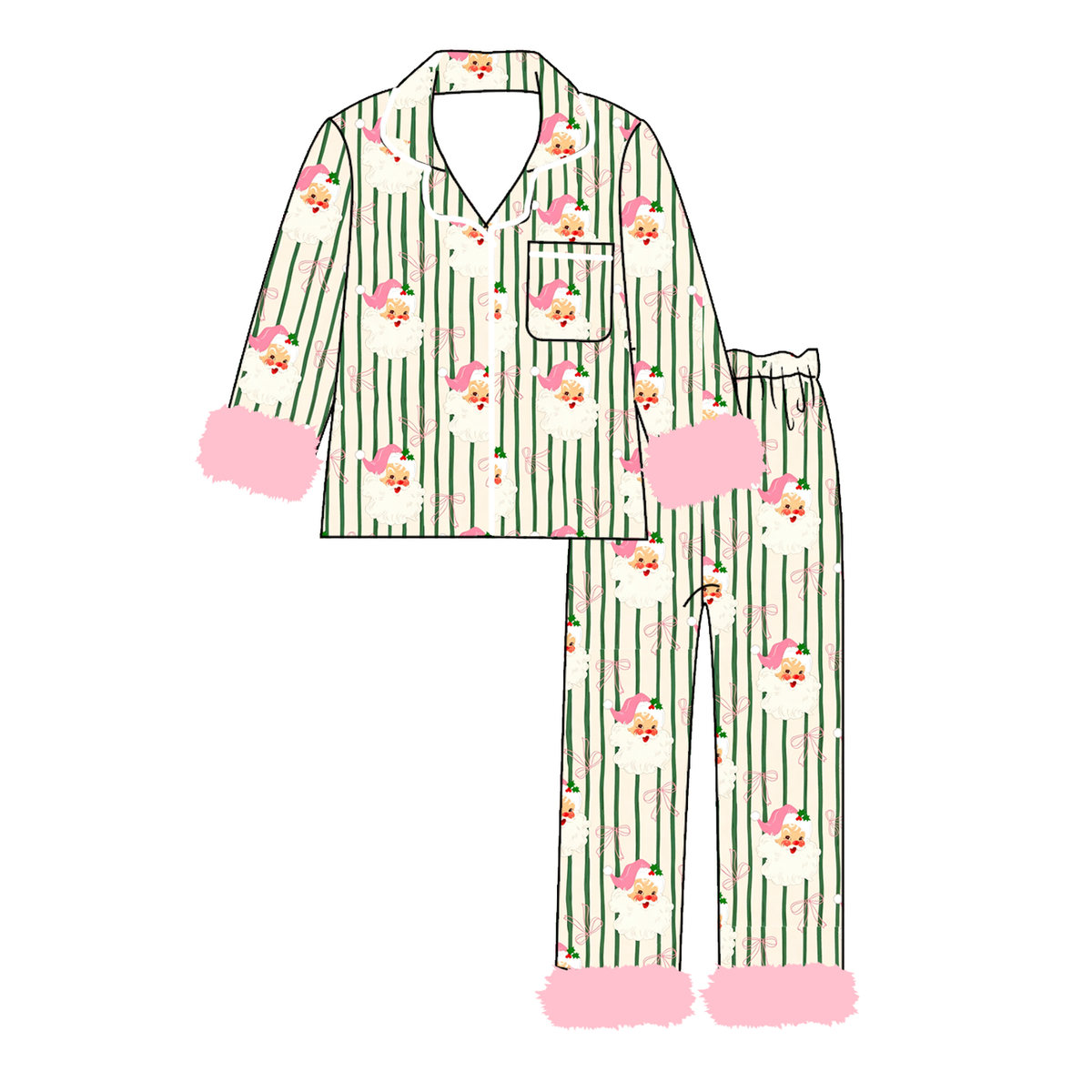 Santa Clause Green Stripe Fur Trim Pajamas