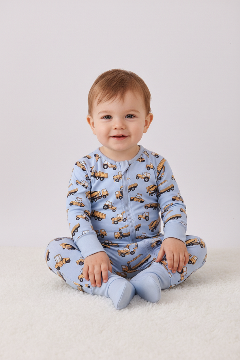 Abby & Evie Premium
Premium blue excavator print bamboo romper