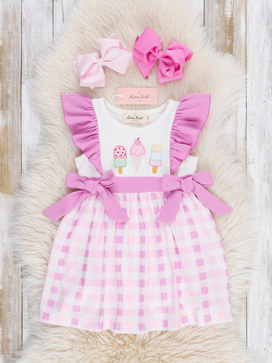 Embroidered Ice Cream Plaid Ruffle Dress