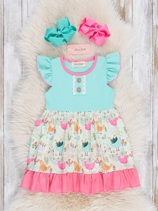 Bright Roaming Chickens Ruffle Dress