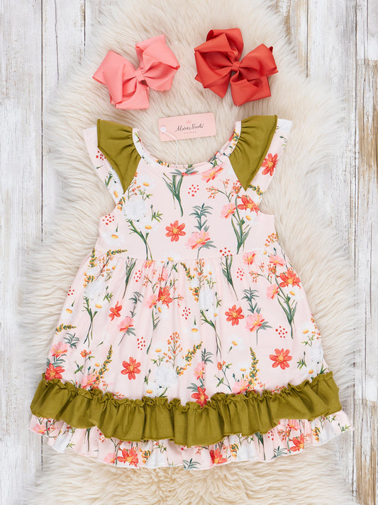 Peach Olive Garden Ruffle Dress