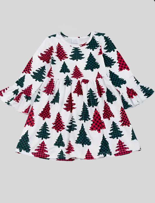 Green and Red Buffalo Plaid Christmas Tree Twirl Dress