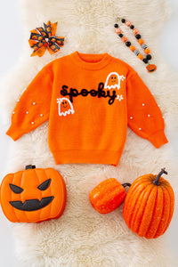 Orange Spooky knit girls sweater with pearl beads