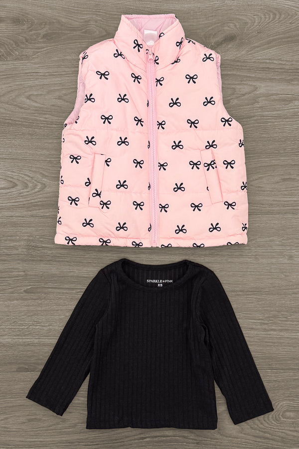 Pink Bow Puffer Vest Set