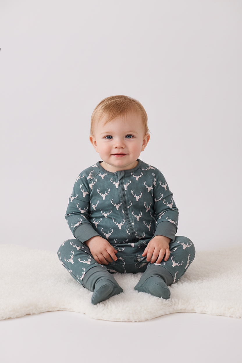 Abby & Evie Premium
Premium forest reindeer print bamboo romper